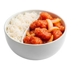 Delicious sweet and sour chicken with white rice closeup shot of a bowl filled with a popular chinese dish, perfect for a quick lunch
