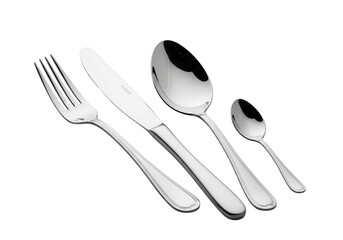 Set of four stainless steel cutlery items including a fork, knife, and two spoons