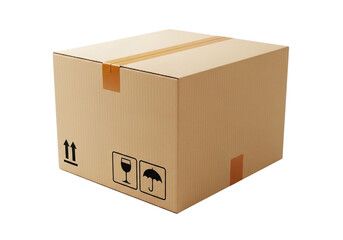 A single cardboard shipping box with fragile and keep dry symbols