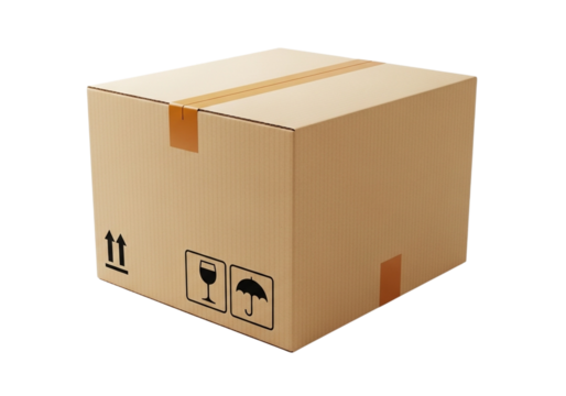 A single cardboard shipping box with fragile and keep dry symbols
