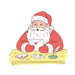 Santa Claus reading letters at a table with stationery and pen  