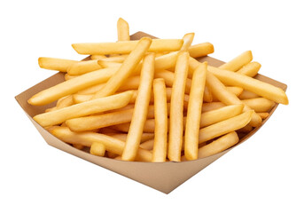 A serving of golden french fries in a brown paper tray