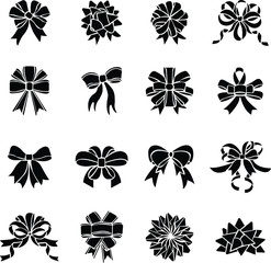 Set of black ribbon bow silhouettes vector illustration collection isolated on white background for decoration, gift wrap, fashion design, festive packaging, wedding, and craft elements"
