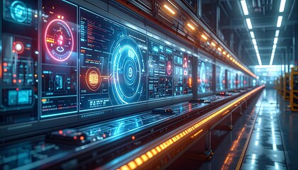 Futuristic factory conveyor belt with glowing interfaces and digital displays in a long, industrial space