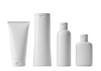 Four white cosmetic bottles and tubes of various sizes and shapes
