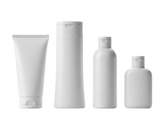 Four white cosmetic bottles and tubes of various sizes and shapes