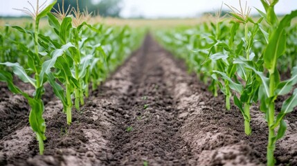Obraz premium Rows of young corn stalks growing in a cultivated field