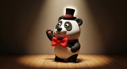 Charming 3D Panda Mascot with Top Hat and Bow Tie Waving on Stage with Spotlight.