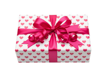 A white gift box adorned with a vibrant pink ribbon and bow, decorated with a pattern of small red hearts