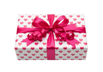 A white gift box adorned with a vibrant pink ribbon and bow, decorated with a pattern of small red hearts