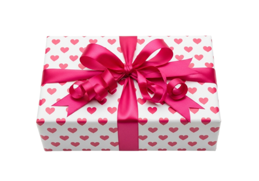 A white gift box adorned with a vibrant pink ribbon and bow, decorated with a pattern of small red hearts