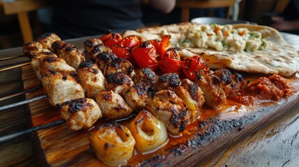 Grilled Chicken Kebabs with Peppers and Onions on a Wooden Skewer