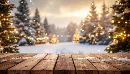 Snowy winter evening celebration with christmas lights forest location scenic view cozy atmosphere holiday spirit