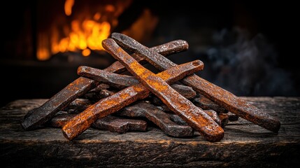 Pile of weathered and handmade metal tools with a fiery backdrop