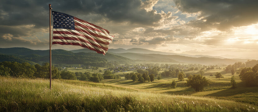 American flag countryside sunset clouds meadow
