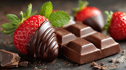 Indulge in sweet delight with chocolate-covered strawberries and rich, decadent chocolate bars, a perfect pairing for a delightful treat.