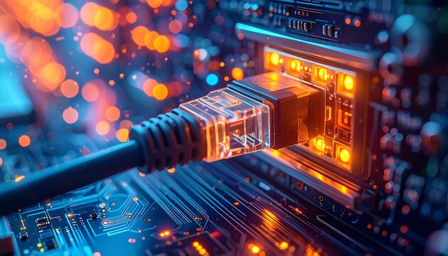 Ethernet cable plugged into illuminated port on a circuit board with a bokeh effect - Powered by Adobe