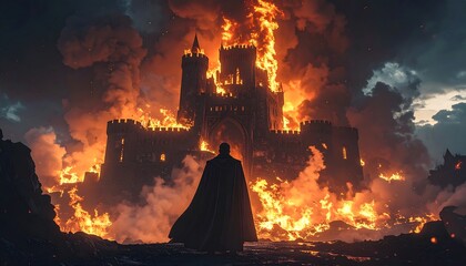 Dark cloaked figure faces a castle ablaze in flames against a stormy, ominous sky in a desolate landscape