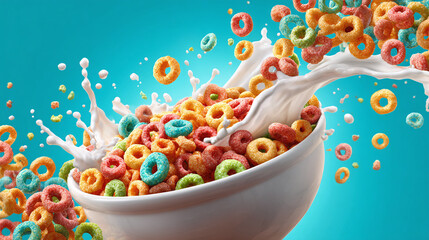 Delightful breakfast scene with vibrant circular cereal pieces in a white bowl. Milk splash adds a dynamic touch on a clean blue backdrop.