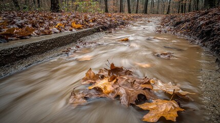 Muddy water flowing through a roadside drain with autumn leaves
