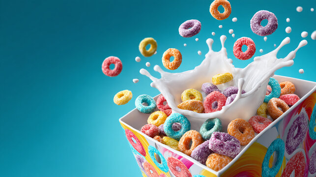 A vibrant bowl of colorful looped cereal with milk splashing upwards, against a bright blue background, perfect for a joyful breakfast scene.
