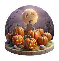 3D illustration of glowing Halloween pumpkins with carved faces, surrounded by grass and a spooky moon in the background, creating a festive and eerie Halloween atmosphere.