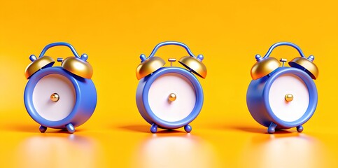 Minimalistic 3D illustration of three blue and gold alarm clocks standing in a row on a vivid orange background, symbolizing time, punctuality, and modern design aesthetics.