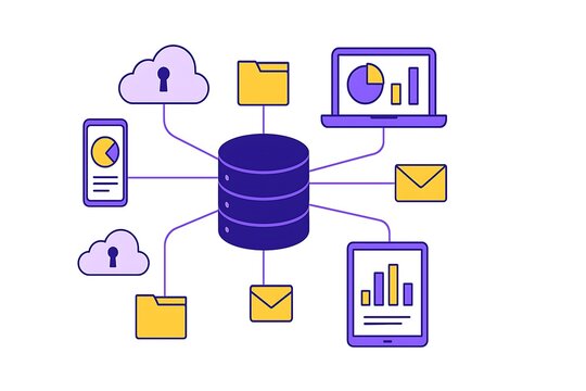 Centralized data storage and cloud connectivity for digital services illustration