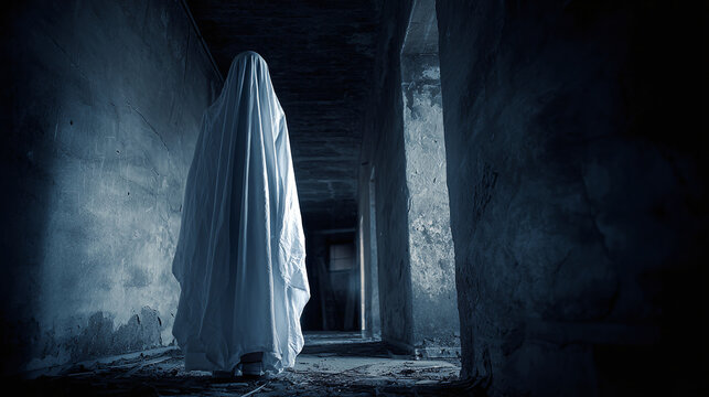 A spectral figure, draped in white, haunts a decaying hallway. Abandoned, atmospheric, and eerie. Dare you face this eerie visitor? Beware