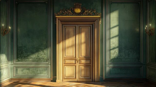 Grand room interior with vintage wooden double door