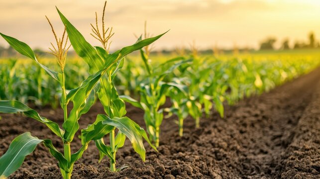Rows of flourishing corn plants in a bright field during the sunrise