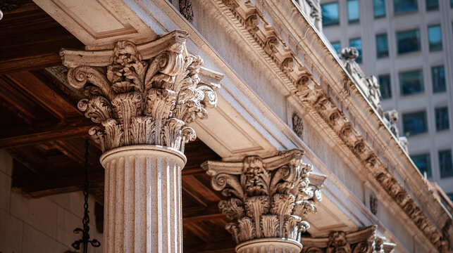 Classical architecture featuring detailed columns and intricate carvings, showcasing refined design and historical inspiration with buildings as backdrop.