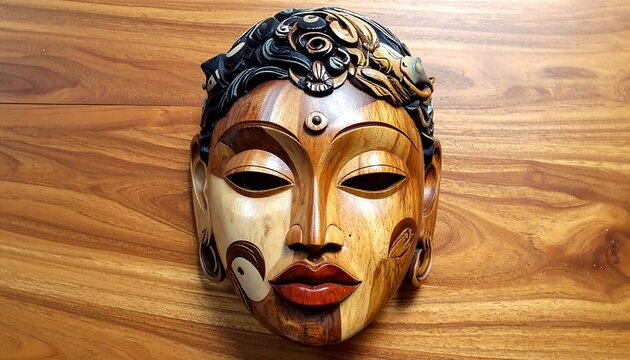 Elaborate wood mask depicting a serene face with intricate hair details lies on a wood surface