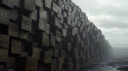 Stone structure composed of stacked, irregular blocks outdoors