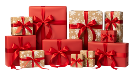 Collection of red and gold gift boxes with ribbons isolated on transparent background