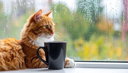 Fluffy orange cat stares pensively near a black mug by a rain-streaked window with blurred greenery outside