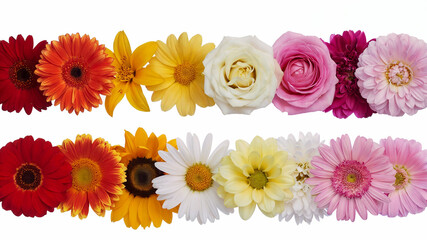 Two rows of colorful assorted flowers on white background