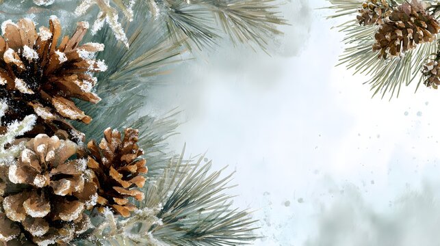 Watercolor illustration of pine cones, branches, and frosty texture framing scene