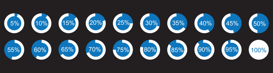 Blue circle percentage diagrams set, started 0 finished 100, increase 5, infographic elements collection, user interface vector illustration, pie chart dashboard symbols isolated on white background