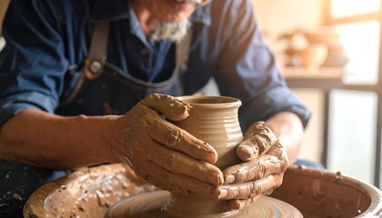 Elder man working pottery, hands covered in wet clay, shaping a small vase on a spinning wheel in bright sunlight