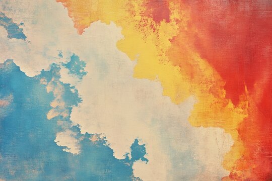 A dramatic abstract painting of swirling clouds in fiery red, orange, yellow, and cool blue tones