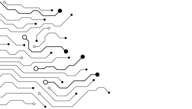 Flat microelectronics circuit board banner isolated on transparent background. The geometric texture of modern digital technology, computer, motherboard, or high-tech technology. Vector illustration