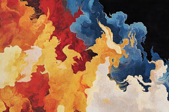 A dramatic abstract painting of swirling clouds in fiery red, orange, yellow, and cool blue tones