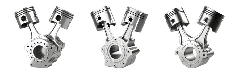Precision engineered V-twin engine pistons and crankshaft assembly highlighting mechanical power and automotive innovation isolated on png transparent background