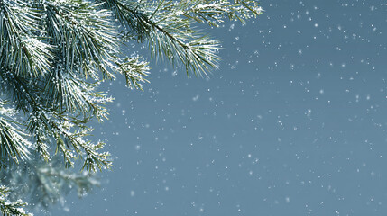 Obraz premium Snow-kissed pine branch against a gentle blue backdrop, evoking a serene winter scene. Perfect for seasonal greetings and festive designs.