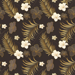 Golden palm leaves and hibiscus harmony seamless pattern illustration