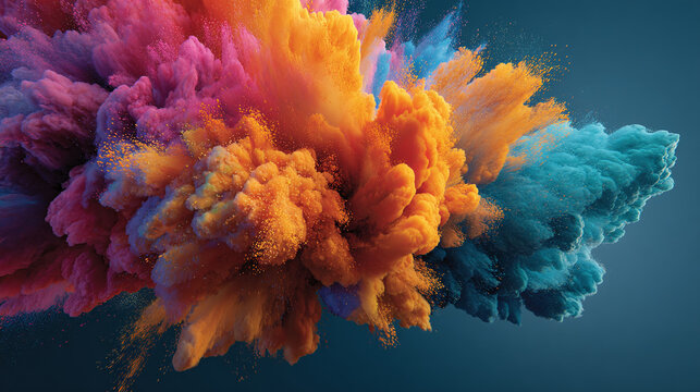 Explosion of vibrant colors creates a dynamic and abstract visual display. Pink, orange and blue hues blend in a burst of movement.