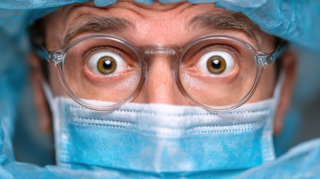 Eye-level view of a person wearing clear glasses, a surgical mask, and head covering, showing wide eyes and a focused gaze. Intense focus.