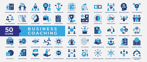 Business coaching icon set, containing communication, skills, executive, solution, training, mentoring, problem solving, adaptability, business acumen and strategy. Simple Flat Vector Illustration.