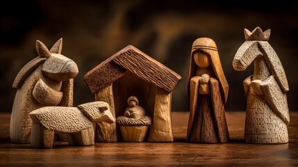 Nativity scene with warm golden tones and rustic wooden textures